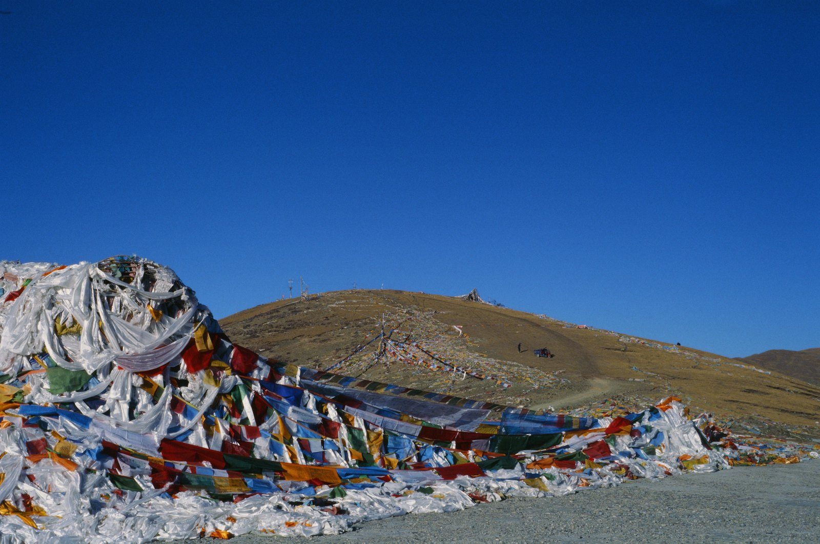 Prayer flags on a high, bare mountain pass