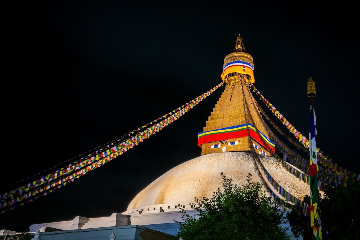 Prayer flags at the Mahabodhi Temple complex