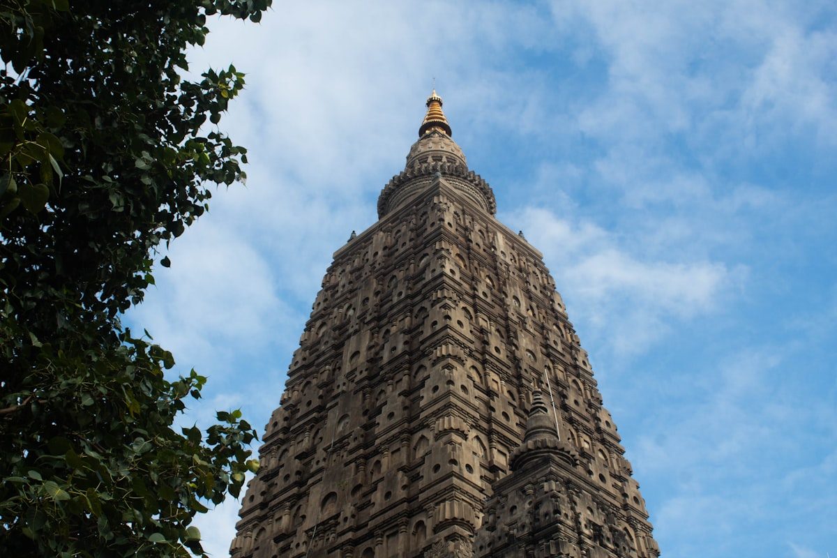 The Mahabodhi Temple spire in Bodh Gaya