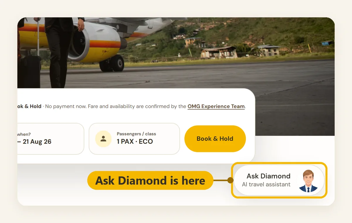 ปุ่มคุยกับ Diamond ที่มุมขวาล่างของหน้าแรก omgexp.com พร้อมวงและป้ายกำกับ