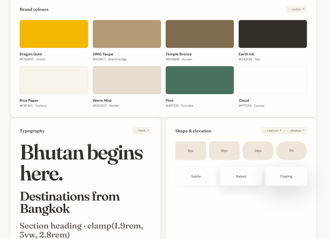 The internal design-system page showing brand colour swatches — Dragon Gold, OMG Taupe, Rice Paper and Warm Mist — with hex values and roles.