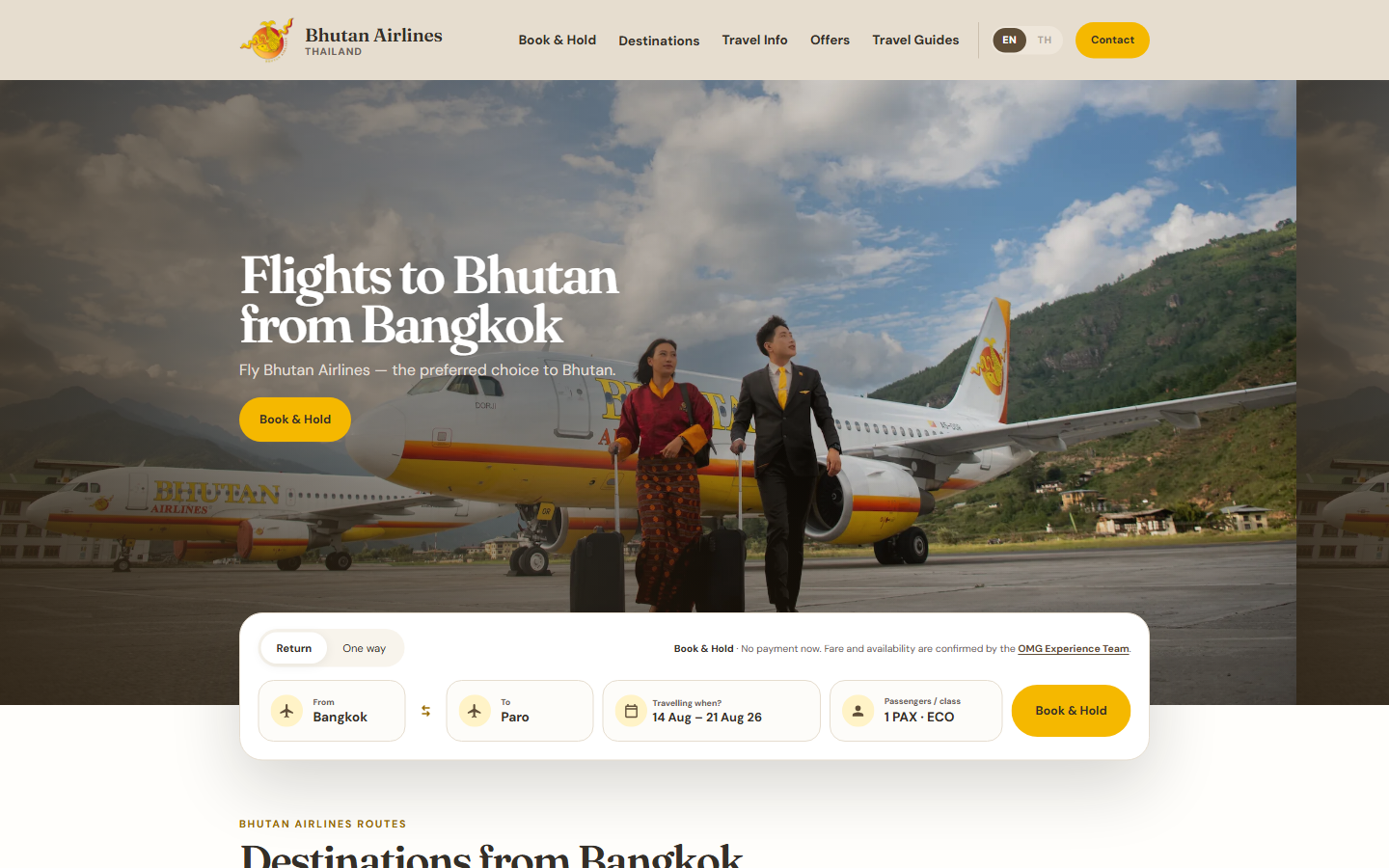 The Bhutan Airlines Thailand homepage: a hero photo of the aircraft on the tarmac with the Book & Hold booking panel.