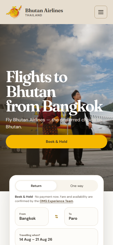 The homepage on a phone-sized screen, with a hamburger menu, full-width Book & Hold button and the booking panel stacked for mobile.