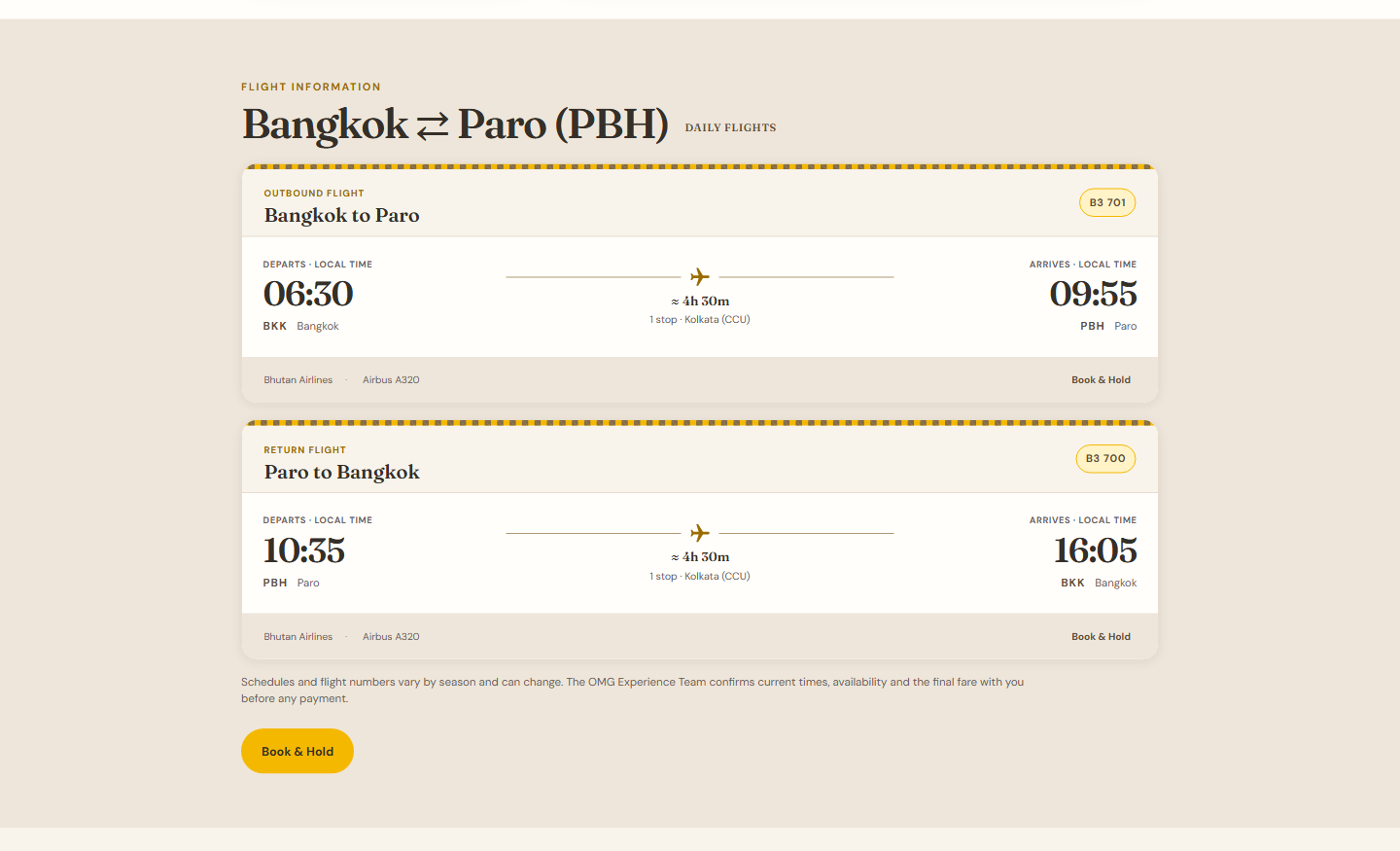 The Bangkok to Paro flight schedule styled as a boarding pass, with a perforated ticket edge, outbound and return flights, times and aircraft type.