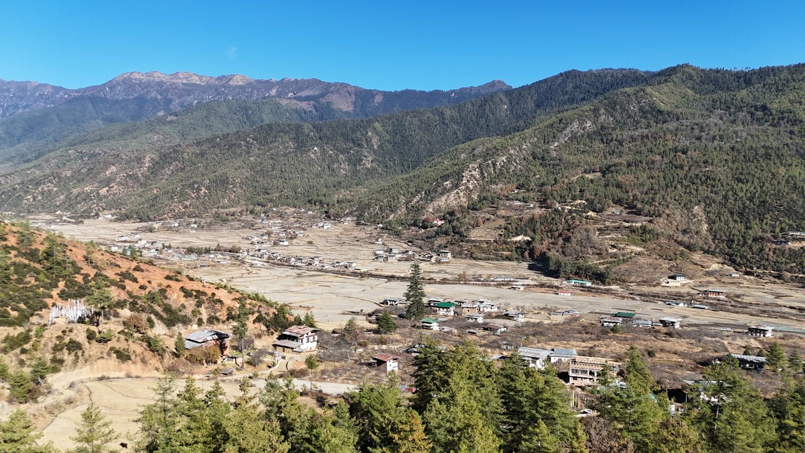 The wide green Paro valley ringed by Himalayan foothills